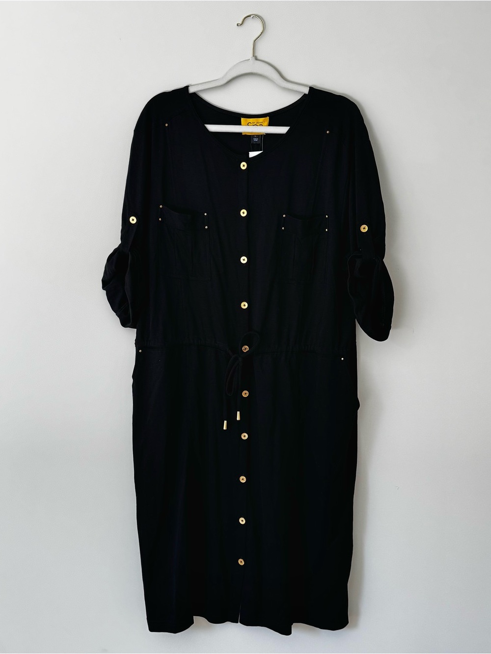 St. John Spa Button Down Short Sleeve Midi Tie Shirt Dress, Black – Large Flaw*